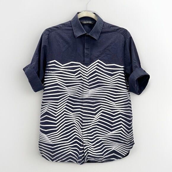 Neil Barrett Mens Button Shirt 39 Small Zig Zag Print Italy Luxury Art Designer - Picture 1 of 12